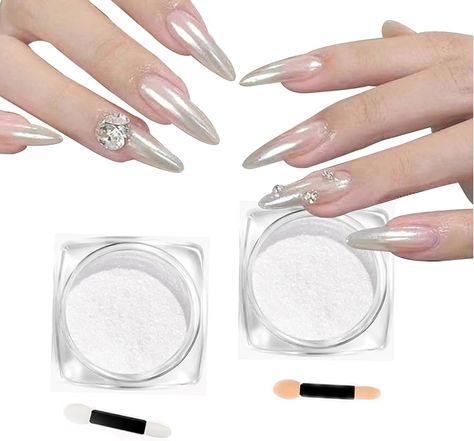 Amazon.com: 2Pcs Pearl Chrome Nail Powder,Ice Transparent Aurora Nail Powder,White Chrome Nail Powder Chameleon Powder for Nails Iridescent Pigment Pearlescent High Gloss Glitter (2pc White) : Beauty & Personal Care Pearl Chrome Nail, Nails Iridescent, Pearl Chrome, White Chrome Nails, Aurora Nails, Chrome Nail Art, Glitter Manicure, Chrome Nail Powder, Powder Manicure