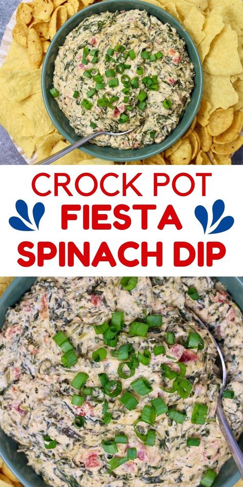 A Mexican Fiesta in a Spinach Dip, perfect for parties or game night. Fiesta Spinach Dip Crockpot, Rotel Spinach Cheese Dip, Crockpot Spinach Dip Rotel, Crockpot Rotel Spinach Dip, Crockpot Spinach Dip With Rotel, Crockpot Spinach Dip Easy, Spinach Rotel Dip, Crockpot Spinach And Rotel Dip, Rotel Spinach Dip