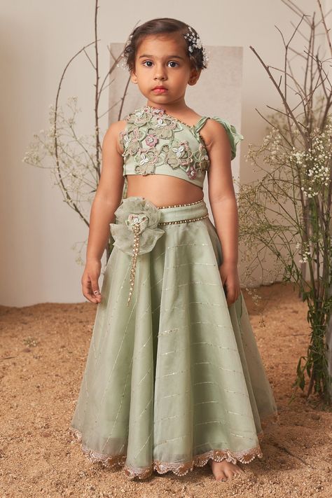 Shop for this happy collection of Green Blouse Modal Satin Embroidered Floral And Skirt Set For Girls by Merge Design online at Aza Fashions. Blouse Modal, Skirt Organza, Cutdana Embroidery, Mint Green Blouses, Kids Ethnic Wear, Green Floral Blouse, Girls Frock Design, Kids Gown, Kids Fashion Dress