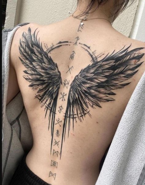 Viking Tattoo wings And Rune Doll Tattoo, Wing Tattoo Designs, Tattoo Henna, Daruma Doll, More Tattoo, Wing Tattoo, Spine Tattoos For Women, Tatuaje A Color, Arrow Tattoo