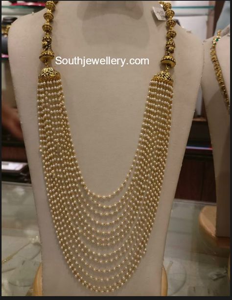 Pearls Mala, Pearl Mala, Temple Jewelry Necklace, Indian Wedding Jewelry Sets, Indian Jewelry Earrings, New Gold Jewellery Designs, Jewellery Bridal, Pearl Jewelry Design, Gold Jewelry Simple Necklace