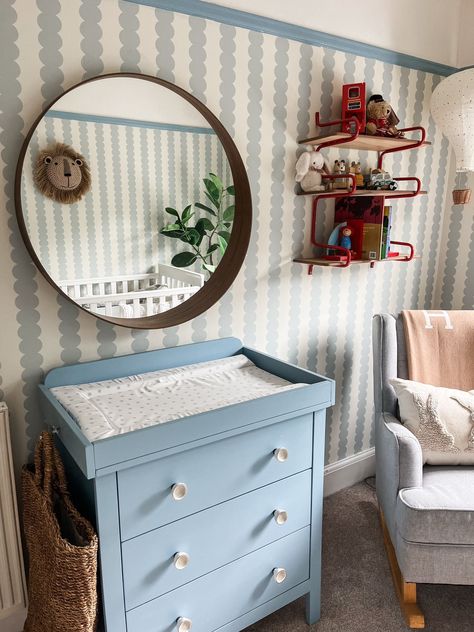 Scallop Stripe Wallpaper...In any colour you wish Bead Board And Wallpaper Nursery, Zoe Sugg Nursery, Colourful Nursery Decor, Storage Ideas For Nursery, Scallop Wall Nursery, Scallop Nursery, Calm Baby Nursery, Wallpapered Nursery, Nursery Ideas Blue