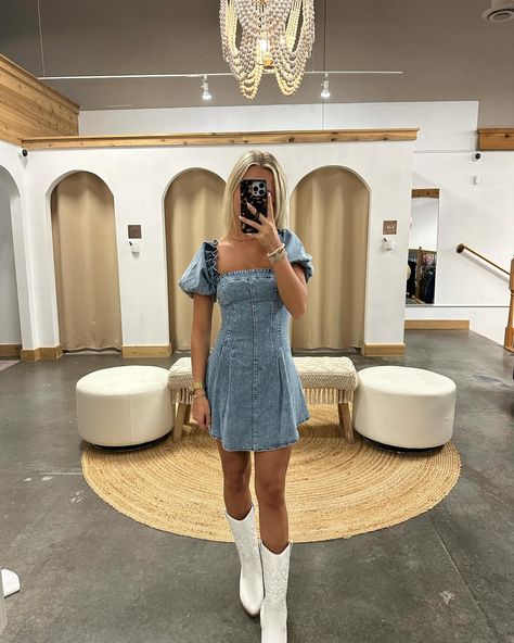 The country concert dress of your dreams! 🤠🤍 #ootd #minidress #countryconcertootd #yeehaw #denimdress Cowboy Boots Dress Outfit, Country Concert Dress, Business Casual Flats, Concert Dress, Country Outfits Women, Dresses With Cowboy Boots, Concert Dresses, Cowgirl Dresses, Elastic Sleeves