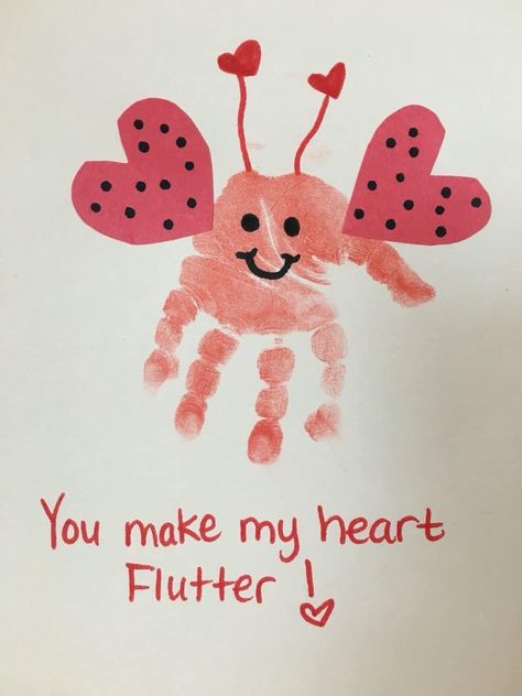 Cute Valentine’s Day Crafts For Kids, Valentines Bug Craft, Valentine's Handprint Crafts For Kids, Baby Handprint Valentines, V Day Crafts For Toddlers, Valentines Hand Prints For Kids, Valentines Card Crafts For Toddlers, Valentines Card Preschool Craft, Valentines Diy Toddler