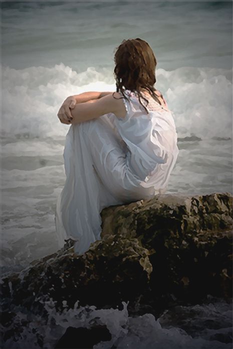 z- by Ilcowell - Woman Sitting on Rock, Above Waves Woman Looking Out To Sea, Waiting Pose, Beach Figures, Crying Pose, Kneeling Woman, Light And Shadow Photography, Sitting Pose Reference, Mermaid Pose, Boat Drawing