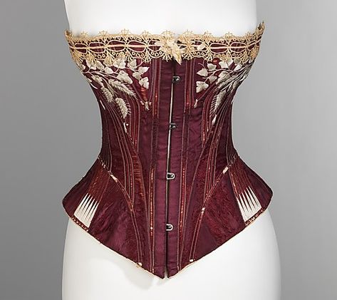 Corset, silk, cotton, metal and bone, 1876, American. Mode Steampunk, Victorian Corset, Lingerie Vintage, Vintage Corset, Period Outfit, Retro Mode, Costume Institute, Costume Collection, Antique Clothing