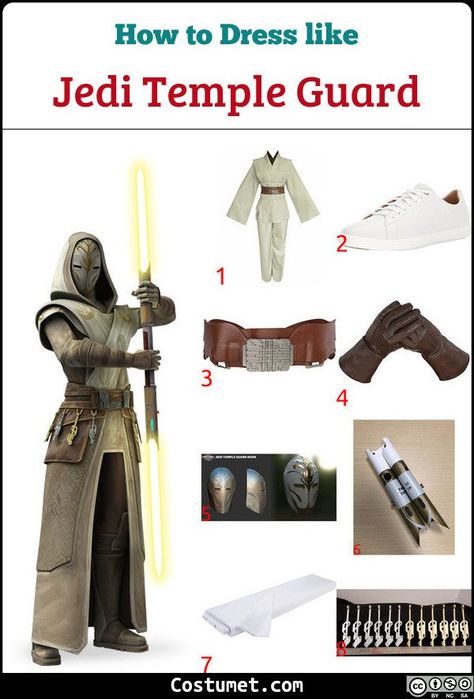 Jedi Temple Guards costume is beige Jedi robes, an ivory hood, white shoes, and a Jedi Temple Guard mask. They also have a unique double-bladed, yellow lightsaber.            #Male #female #male #movies #Disney #StarWars #jedi Jedi Mandalorian, Yellow Lightsaber, Jedi Temple Guard, Space Wizard, Jedi Robes, Temple Guard, Mandalorian Costume, Starwars Jedi, Jedi Cosplay