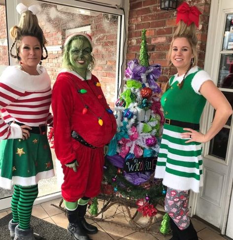 Grinch And Whoville Costumes, Grinch Day Outfit, Grinch Group Halloween Costume, Whooville Outfits Ideas, Whoville Characters Costumes, Who’s From Whoville Costume, Whoville Costumes Women, Grinch Womens Costume, Whoville Outfits