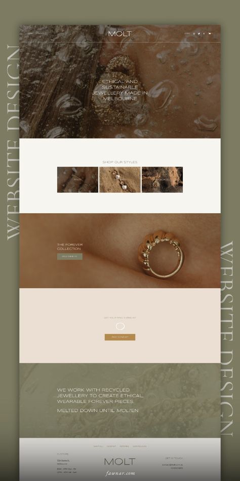 Considered, moody, deep website design for ethical and sustainable jewellery designer MOLT. Created by fawnar. a boutique creative studio in Australia, specialising in logo and brand identity, Squarespace website design, and wedding & event stationery. Website Design Inspiration Product, Newsletter Design Jewelry, Website Jewelry Design, Jewellery Website Design Layout, Luxury Jewelry Website Design, Jewellery Brand Design, Jewelry Website Design Inspiration, Jewellery Website Design, Shopping Website Design