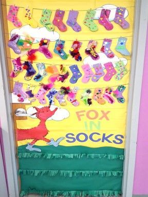 Classroom Door Themes, Dr Seuss Classroom Door, Dr. Suess, Dr Seuss Preschool Activities, Dr Seuss Art, Dr Seuss Preschool, Fox In Socks, Dr Seuss Classroom, Dr Seuss Activities