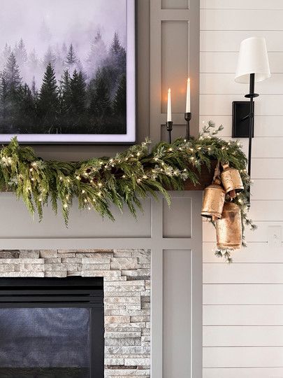 Garland Fireplace Mantle, Garland On Mantle, Fireplace Candlesticks, Christmas Garland Mantle, Xmas Fireplace, Fireplace Garland, Pre Lit Garland, Holiday Mantle Decor, Mantle Garland