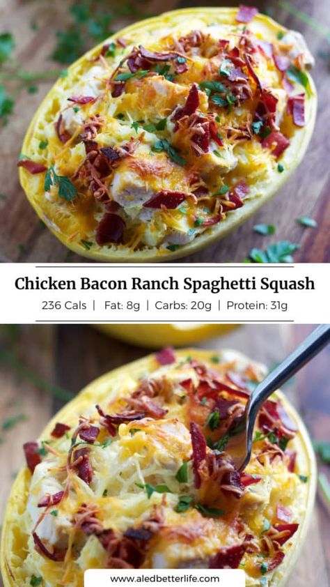 Chicken Bacon Ranch Spaghetti Squash, Chicken Bacon Ranch Spaghetti, Squash Recipes Easy, Bacon Ranch Spaghetti, Squash Recipes Healthy, Ranch Spaghetti, Spaghetti Squash Recipes Chicken, Party Pasta, Healthy Squash Recipes