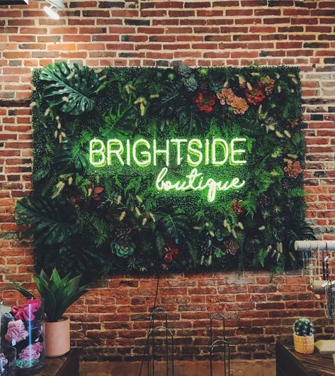 Living Wall With Neon Sign, Outdoor Green Wall With Neon Sign, Fake Plant Wall With Neon Sign, Foliage Wall With Neon Sign, Indoor Foliage Brick Wall Neon, Spa Wall Decor, Massage Room Decor, Green Cafe, Selfie Wall