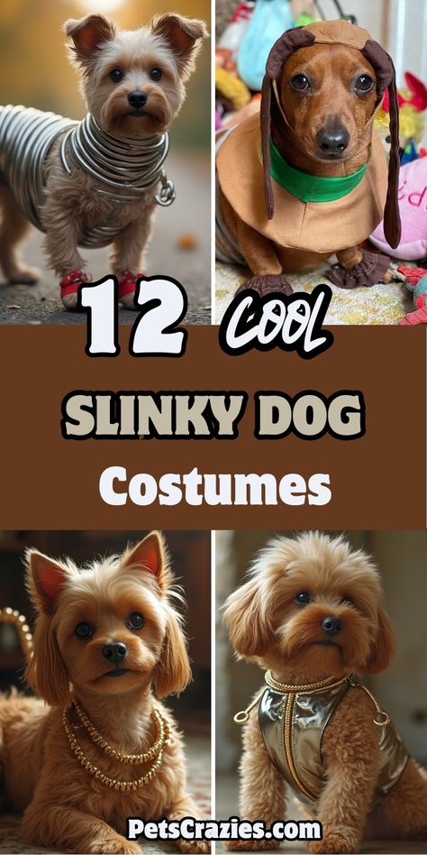 Image showcases four creative and stylish Slinky Dog costumes for small dogs. The text '12 Cool Slinky Dog Costumes' is displayed in bold, playful font. The costumes feature fun, thematic designs, including a coiled spring outfit and detailed doggy accessories. Each dog is dressed up in unique costumes, combining cuteness and creativity. The overall theme emphasizes playful and imaginative costume ideas for dogs, perfect for Halloween or any costume event. Diy Pet Costumes Dogs, Creative Dog Costumes, Slinky Dog Costume, Dog Costume Ideas, Diy Pet Costumes, Slinky Dog, Diy Dog Costumes, Dog Costumes, Dog Costume