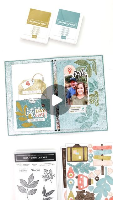 Marsha on Instagram: "Today I’m sharing an interactive layout using the Stampin’ Up Scenic Route Travel Journal Kit and Changing Leaves Stamp from @bethanneblackcreates! Get all these items with FREE shipping (today only) when you place a $75 order! Love the stamped leaves, tag, and large flip-out element. I can’t wait to add more pages to this journal, documenting our mountain vacation.   Supplies: SU Scenic Route Travel Journal Kit, Changing Leaves Stamp, and Wild Wheat and Lost Lagoon Inks (link in bio to Stampin’ Up shop) . . .  #stampinup #stampinupstamps #stamping #bethanneblackcreates #craftreel #craftreels" Ink Link, Mountain Vacation, Changing Leaves, Travel Log, Mountain Vacations, Journal Kit, Scenic Routes, Today Only, Scrapbooking Projects