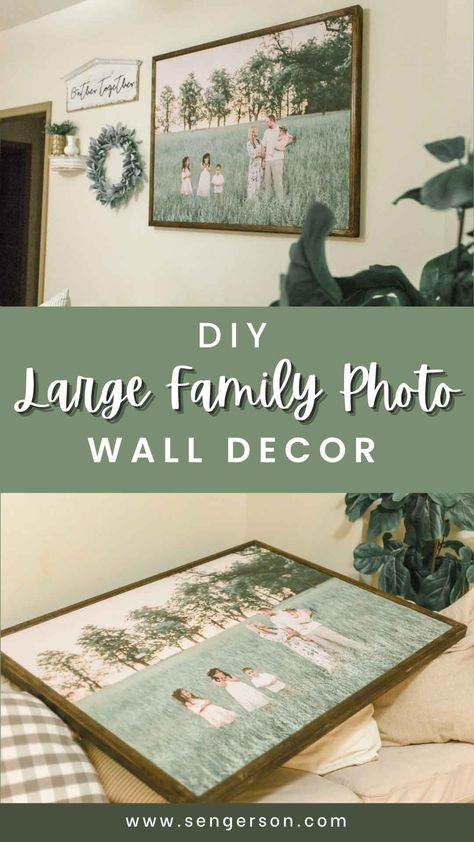 Family Photo Above Fireplace, Canvas Prints On Wall Family Pictures, Canvas Picture Wall Ideas Living Room, Large Photos On Wall, Family Photo On Wall, Photo On Wall, Family Photos Wall Decor, Big Family Photos, Photo Hanging