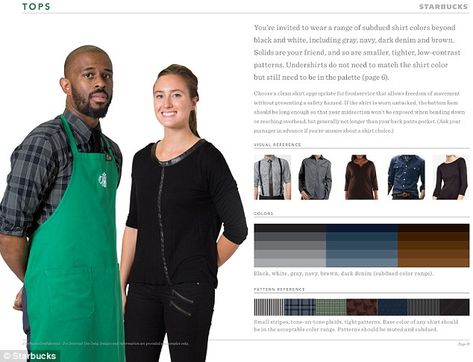 Starbucks releases new dress code urging staff to 'open closets and have fun' | Daily Mail Online Starbucks Dress Code, Starbucks Interview, Hair Policy, Starbucks Uniform, Starbucks Outfit, Barista Outfits, Dress Code Outfits, Barista Apron, Starbucks Barista