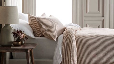 Looking to upgrade your bedding game? These are the best bedding brands where our editors are shopping for their sheets Linen Duvet Cover Natural, Restful Bedrooms, Most Comfortable Bed, Goose Down Pillows, Calming Bedroom, Striped Duvet, Striped Duvet Covers, Linen Duvet Cover, Luxurious Bedroom