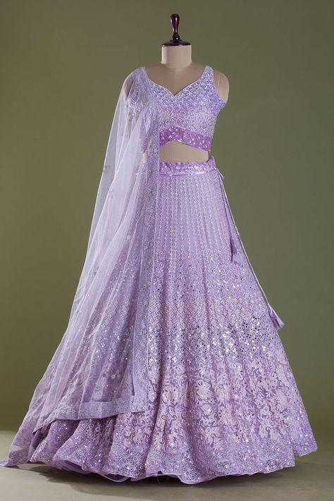 Netted Crop Tops For Lehenga, Lavendar Lehenga Designs, Lavender Sequin Dress, Lavender Lehenga Bridal, Long Gown Dress Party Wear, Lavender Color Dress, Lavender Lehenga, Lehenga Ideas, Long Skirt Top Designs