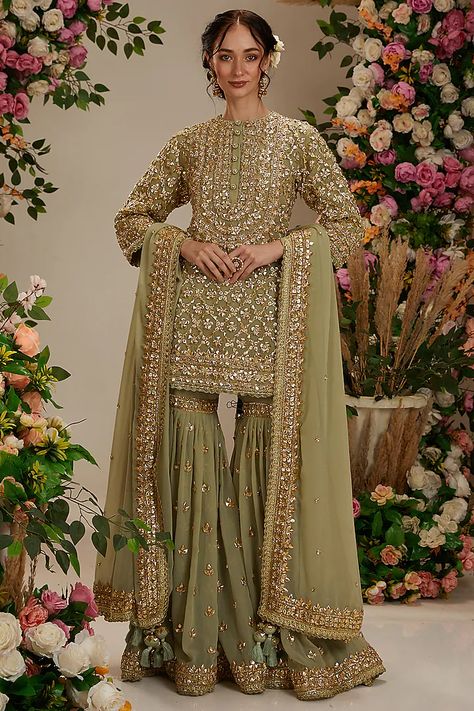 Aqua Green Georgette Gota Embroidered Gharara Set by Preeti S Kapoor at Pernia's Pop Up Shop 2024 Indian Sharara Outfits, Sharara Outfits, Gharara Designs, Outfit Shopping, Sharara Set, Salwar Kameez Designs, Indian Fashion Designers, Flower Embroidery Designs, Pernia Pop Up Shop