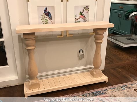 Very Simple DIY Console Table With Turned Wood Columns Pedestal Leg Console Table, Diy Foyer Table Entryway, Small Entry Way Table Diy, How To Make A Console Table Diy, Entry Way Table Diy, Decorating A Console Table, Diy Console Table Entryway, Diy Entry Table, Diy Entryway Table