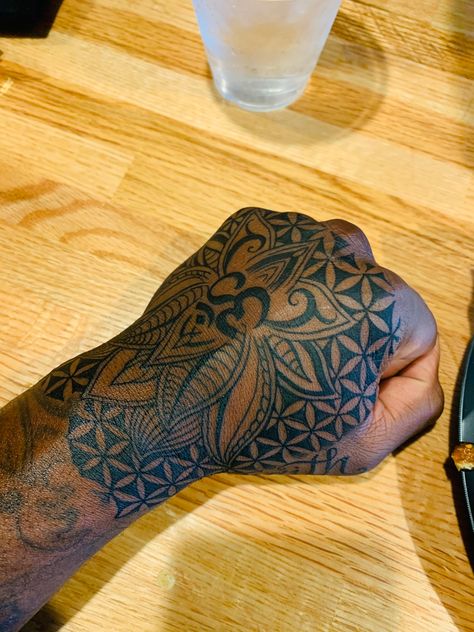 Lotus flower and flower of life tattoo Spiritual Shin Tattoo, Lotus Flower Tattoo Dark Skin, Lotus Flower Hand Tattoo Men, Spiritual Flowers Tattoo, Spiritual Hand Tattoo, Flower Of Life Tattoos, Spiritually Tattoos, Flower Of Life Hand Tattoo, The Flower Of Life Tattoo