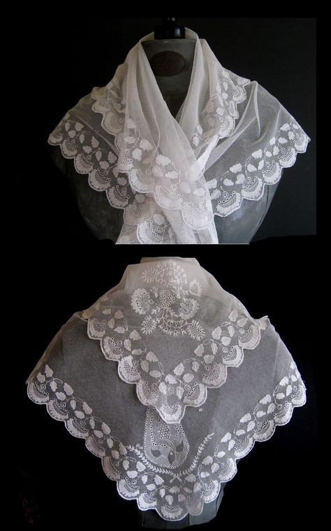 1810 fichu decorated with hand embroidery on fine tulle or net. Regency Fichu, Georgian Clothing, Regency Gown, Regency Era Fashion, 18th Century Dress, Wire Crochet Jewelry, 18th Century Clothing, Regency Dress, Regency Fashion