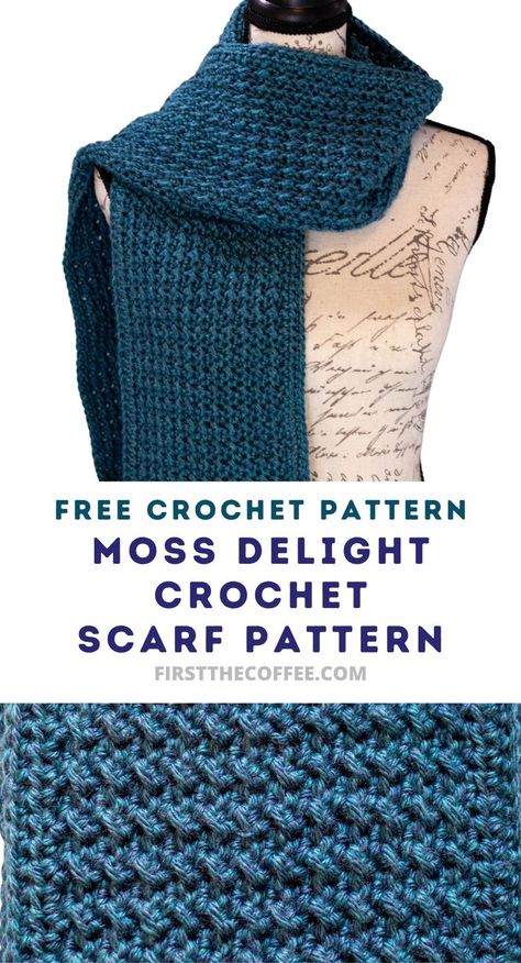 Moss Delight Crochet Pattern - Free Crochet Scarf Pattern Textured Crochet Scarf, Men Scarf Crochet Pattern, Even Moss Stitch, Crochet Scarf Pattern Free Easy, Free Crochet Scarf, Coffee Crochet, Crochet Mens Scarf, Crochet Scarf For Beginners, Crochet Scarf Easy