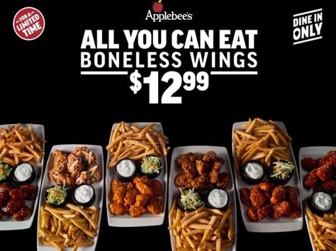 Applebees Grill and Bar All You Can Eat Boneless Wings and Endless Fries for $12.99 Whether it's Sunday, Wednesday or if you just got a craving for them, gather your squad and head to your favorite Applebee's for an All You Can Eat feast of Boneless Wings with any of our six tasty, can't be replicated, sauces. Eat All You Can, Boneless Wings, All You Can, Hot Deals, Grilling, Sauce, Bar, Canning