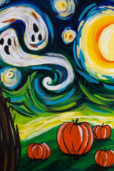 A boo-tiful rendition of a classic. . . . Paint and sip the night away with us at a local studio near you: https://bit.ly/StudiosNearMe. Halloween Canvas Paintings, Wine And Paint Night, Halloween Canvas Art, Fall Canvas Painting, Wine And Canvas, Canvas Painting Designs, Halloween Painting, Canvas Painting Diy, Small Canvas Art