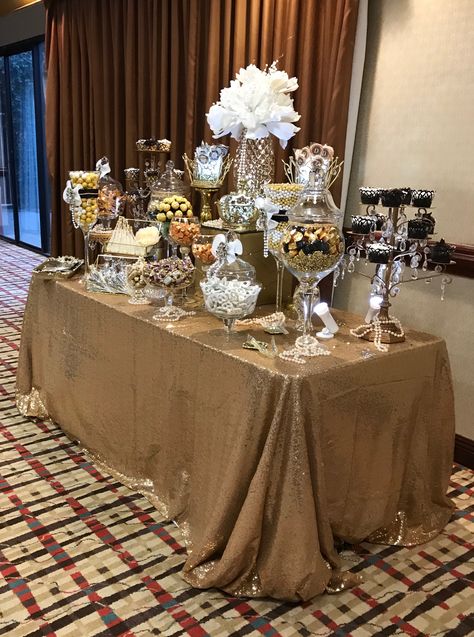 Elegant Black and Gold Dessert Table. Red And Gold Dessert Table, Black And Gold Treat Table, Black And Gold Dessert Table Ideas, Desert Bar Wedding, 20th Anniversary Ideas, Gold Dessert Table, Sweets Table Wedding, 2026 Wedding, Pep Club