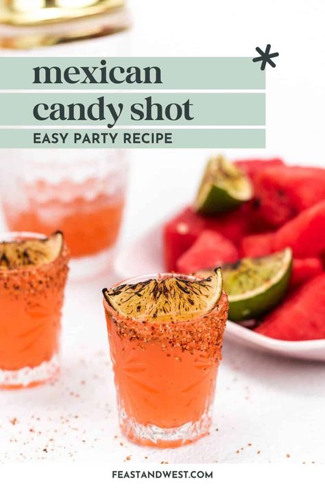 Get any fiesta started with a round of sweet-and-spicy Mexican Candy Shots. These candy-inspired shots blend tequila, watermelon schnapps and a touch of hot sauce, all rimmed with zesty Tajín seasoning. https://feastandwest.com/2024/04/22/mexican-candy-shot/ Tajin Shots, Watermelon Pucker Shots, Mexican Themed Cocktails, Mixed Tequila Shots, Mexican Inspired Drinks, Watermelon Schnapps Drinks, Mexican Candy Jello Shot Recipes, Tajin Drinks, Mexican Candy Drink