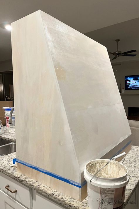 How to: DIY Range Hood Cover - The Simple Cozy Haven Concrete Look Range Hood, Diy Oven Hood Cover, Diy Hood Range Cover, Diy Oven Hood, Diy Plaster Hood, Range Hood Ideas Diy, Diy Hood Vent Cover, Cover Range Hood, Range Hood Cover Diy