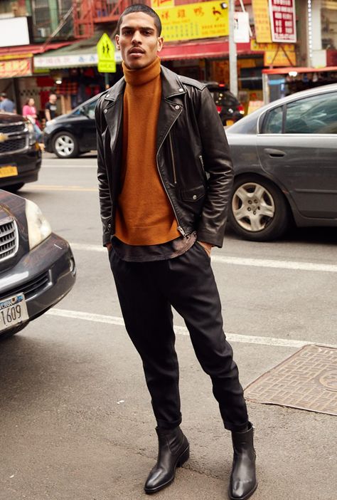 Looks For Men, How To Dress Well, Kpop Ateez, Leather Jacket For Men, Man Outfit, Biker Coat, Black Leather Chelsea Boots, Biker Jacket Men, Outfits Hombre