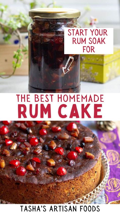 rum soak above a baked christmas rum cake Fruit Cake Recipe With Rum, Fruit Soak, Christmas Rum Cake, Rum Soaked Cake, Moist Fruit Cake Recipe, Rum Fruit Cake, Fruit Cake Recipe Christmas, Rum Cake Recipe, Candied Fruits