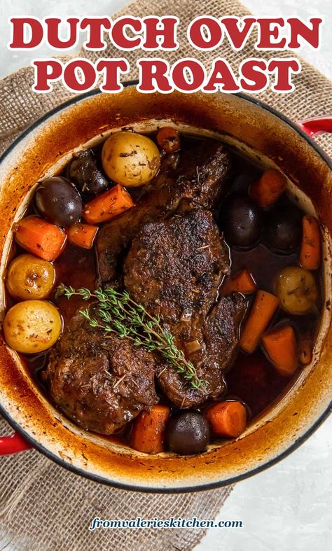 The secret to the best Dutch Oven Pot Roast is a flavorful seasoning blend and an easy stovetop to oven method. This meltingly tender pot roast with carrots, potatoes, and a silky gravy is the ultimate Sunday supper! Best Dutch Oven Pot Roast, Pot Roast With Red Wine, Roast With Red Wine, The Best Pot Roast, Dutch Oven Pot Roast, Oven Pot Roast, Perfect Pot Roast, Red Wine Gravy, Roasted Shallots