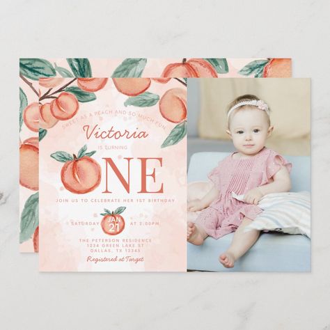 Peach Branch, Destination Wedding Budget, Dark Blue Wedding, Second Birthday Party, 1st Birthday Party Invitations, Digital Wedding Invitations, Turning One, Sweet Peach, Event Details