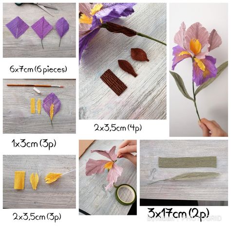 Paper Iris Flower, Purple Crepe Paper Flowers, Crepe Paper Iris, Paper Iris, Paper Flowers Tutorial, Crepe Paper Flowers Tutorial, Crepe Paper Crafts, Crepe Paper Flowers Diy, Săpunuri Handmade