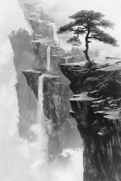 Waterfall Tattoo Design, Cool Nature Tattoos, Waterfall Tattoo, Scenery Tattoo, Cool Nature, Mountain Tattoo Design, Landscape Pencil Drawings, Japanese Mountains, Mountain Landscape Painting