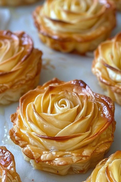 Puff Pastry Apple Roses Tarts are a delicious and elegant choice for any dessert table! 🍎🌹 Made with thinly sliced apples and flaky puff pastry, these tarts are a delightful blend of sweet flavors and delicate, crispy texture. Quick to bake and bursting with charm, Puff Pastry Apple Roses Tarts are perfect for a special treat or a beautiful addition to your next gathering. Indulge in this stunning twist on a classic dessert today! 😋✨ #AppleRosesTarts #ElegantDesserts #BakingJoy #SweetTreats Puff Pastry Apple Roses, Apple Roses Puff Pastry, Apple Rose Tart, Puff Pastry Apple, Sliced Apples, Bakery Menu, Apple Roses, Elegant Desserts, Apple Tart