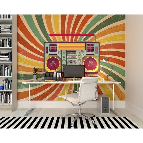 Retro Radio 2.4m x 300cm Wallpaper Mural Radio Wallpaper, Retro Paintings Ideas, Interior Wall Painting Designs, Airbnb Ideas, Retro Painting, Retro Cafe, Retro Radio, Studio Interior Design, Music Painting