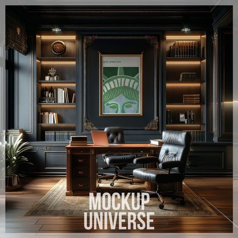 ✨ Enhance your artwork presentation with our Luxury Dark Home Office Frame Mockup. This high-resolution digital product features a sophisticated home office with dark wood paneling, elegant bookshelves, and a luxurious desk setup, perfect for showcasing your designs. The mockup includes a beautifully detailed frame, adding a touch of sophistication and realism to your artwork. Ideal for designers, photographers, and artists looking to create a luxurious and professional display. ✨ With your purc Speakeasy Home Office, Small Office Ideas Men, Small Private Office Design, Men’s Study Ideas, High End Home Office, Mans Office Space, Office Ideas For Men Workspaces, Office Ideas For Men Business, Black And Wood Office