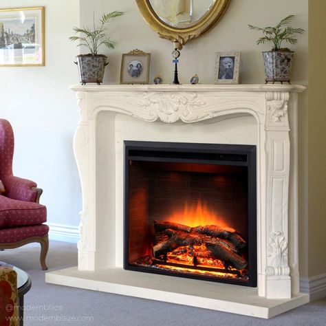 This realistic looking electric fireplace provides any room with the benefits of a traditional fireplace without the ash, soot, and toxic fumes. French Mantel, Custom Fireplace Mantels, Wood Mantel Shelf, Fireplace Mantel Surrounds, Marble Fireplace Mantel, Stone Mantel, Mantel Surround, Mantel Design, Old Fireplace