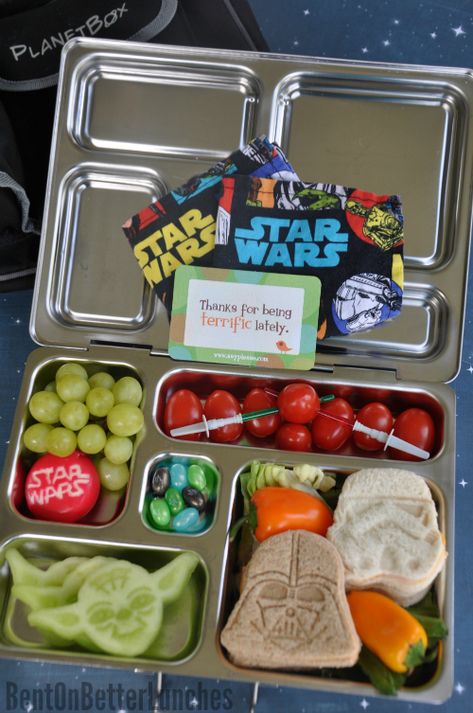 Happy Star Wars Day, & May the 4th Be With You! Enjoy Your Lunch, You Will! | BentOnBetterLunches School Lunches Ideas, Star Wars Lunch, Muffin Tin Meals, Star Wars Themed Food, Enjoy Your Lunch, Kids Packed Lunch, Star Wars Food, Happy Star Wars Day, Party Food Platters