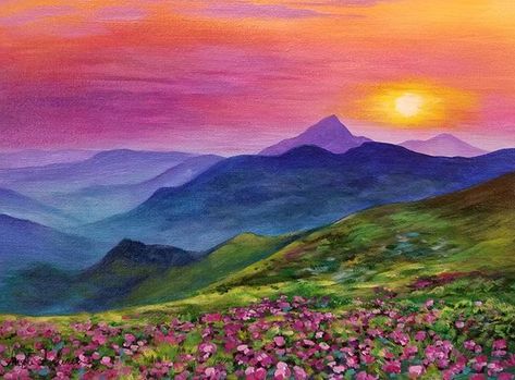 Free Mountain Sunset Acrylic Painting Tutorial by Angela Anderson #FredrixCanvas #princetonbrushes #art Mountain Sunset Painting, Mountain Sunset Landscapes, Angela Anderson, Sunset Landscape Painting, Sunset Painting Acrylic, Watercolor Art Diy, Landscape Painting Tutorial, Watercolor Art Paintings, Mountain Sunset