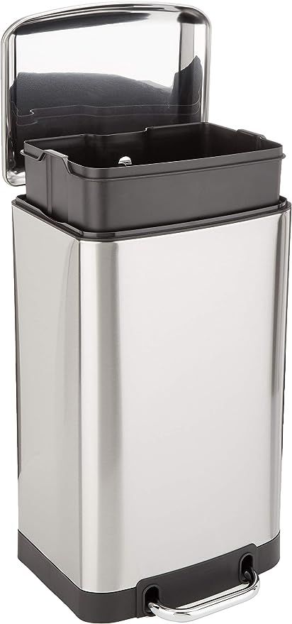 Brand Amazon Basics Capacity 5.3 Gallons Color Nickel Opening Mechanism Step-On Material Stainless Steel Recommended Uses For Product Home,Office Room Type Office Finish Type Stainless Steel Item Weight 6.49 Pounds Product Dimensions 11.81"L x 11.42"W x 20.67"H Black Bin, Trash Disposal, Rubbish Bin, Kitchen Trash Cans, Kitchen Waste, Amazon Basics, Kitchen Bin, Trash Bag, Trash Bins