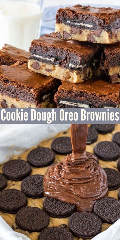 Oreo Cookie Dough, Cookie Dough Brownies, Delicious Brownies, Oreo Cookie, Easy Baking Recipes Desserts, Läcker Mat, Sweet Snacks Recipes, Baked Dessert Recipes, Deilig Mat