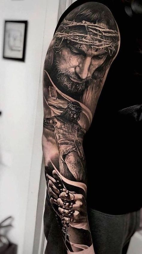 Jesus Hand Tattoo, Jesus Tattoo Sleeve, Religious Tattoo Sleeves, Religous Tattoo, Religion Tattoos, Christus Tattoo, Tato Lengan Bawah, Tattoo Bras Homme, Jesus Tattoo Design