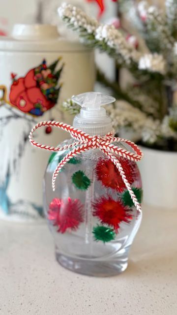 Rachel Anderson on Instagram: "Christmas Soap🎄 I found the soap for $1.25 and added tinsel pom poms. This is such a fun and affordable DIY for Christmas!✨ #diy #christmas #easydiy #christmasdecor #christmasideas #decorhacks #christmasdecorations #holidays" Diy Soap Bottle, Diy Christmas Soap Dispenser, Diy Christmas Soap, Christmas Soap Dispenser, Diy For Christmas, Soap Dispenser Diy, Boy Crafts, Diy Hand Soap, Holiday Soap