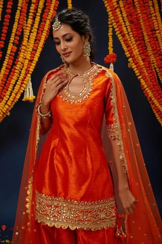 Shop for Preeti S Kapoor Orange Gota Embroidered Kurta Sharara Set for Women Online at Aza Fashions Orange Sharara Suit, Orange Sharara, Red Sharara, Short Kurti Designs, 90s Bollywood Fashion, Gota Embroidery, Suit Embroidery, Kurta Sharara Set, Orange Suit